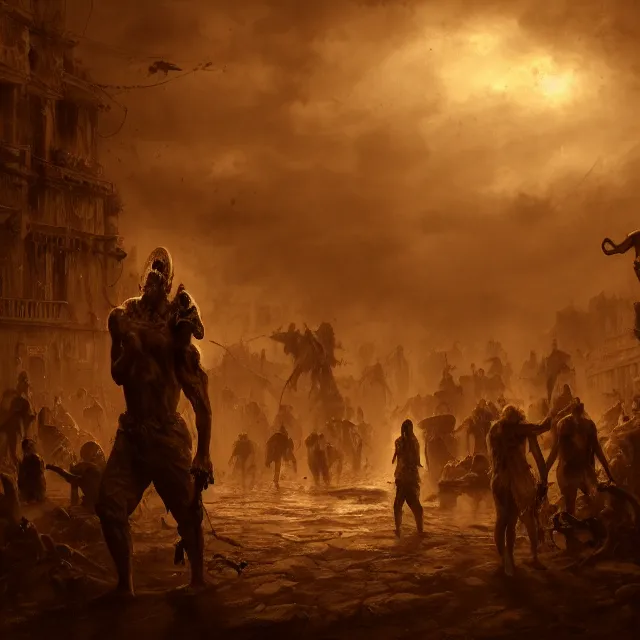 Prompt: action scene sepia painting of hell with people suffering, atmospheric lighting, brooding, painted, intricate, ultra detailed, well composed, best on artstation, cgsociety, epic, horror, stunning, gorgeous, intricate detail, much wow, masterpiece, cinematic aesthetic octane render, 8 k hd resolution,