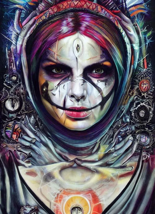 Prompt: gorgeous magic cult psychic woman smiling, third eye, energetic consciousness psychedelic, epic surrealism expressionism symbolism, story telling, iconic, dark robed, oil painting, symmetrical face, dark myth mythos, by Sandra Chevrier , H R Giger, masterpiece