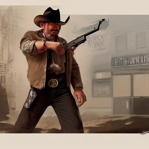 Image similar to a man in a cowboy outfit holding two guns, concept art by Tony DiTerlizzi, cgsociety, american realism, xbox 360 graphics, prerendered graphics, concept art