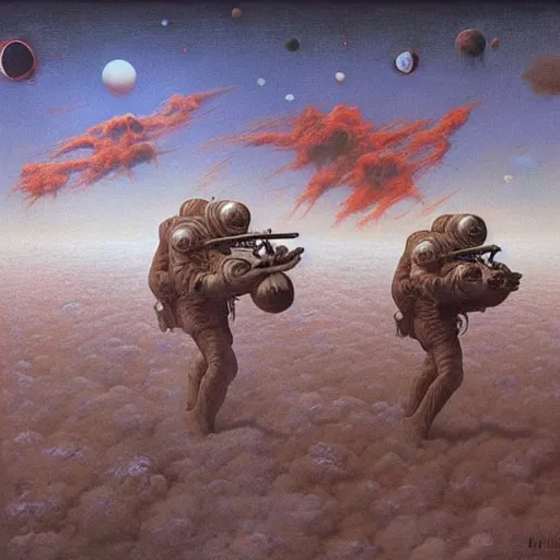 Prompt: Zdzisław Beksiński painting of a war in space