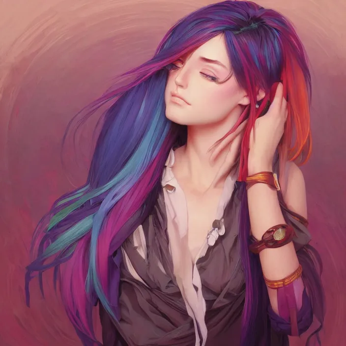 Image similar to portrait of beautiful symmetrical anime girl, rainbow hair, attractive, casual, modern, victoria's secret, highly detailed, digital painting, artstation, concept art, smooth, sharp focus, illustration, art by artgerm, greg rutkowski and alphonse mucha, 8 k,