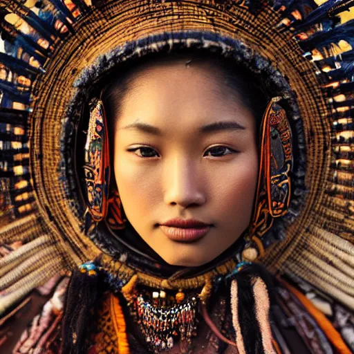 Image similar to vintage portrait of a stunningly beautiful asian tribal female, depth of field, zeiss lens, detailed, symmetrical, centered, fashion photoshoot, by edward s curtis, Annie Leibovitz and Steve McCurry, David Lazar, Jimmy Nelsson, Breathtaking, 8k resolution, extremely detailed, beautiful, establishing shot, artistic, hyperrealistic, beautiful face, octane render