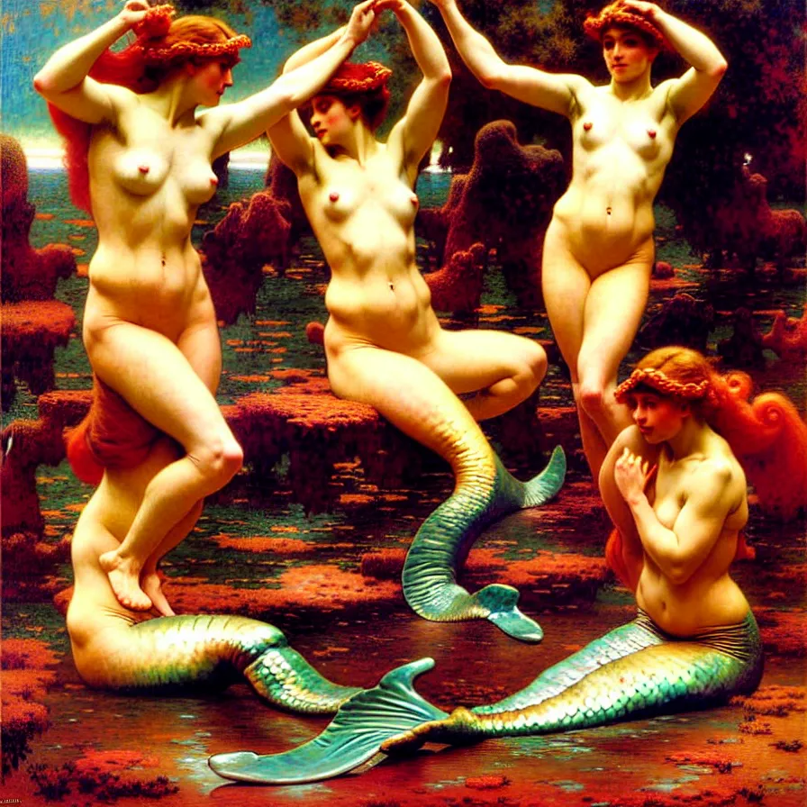 Prompt: mermaids wrestling, hard lighting, graceful, full body, warm lighting, painting by gaston bussiere, craig mullins, j. c. leyendecker, lights, art by ernst haeckel, john william godward, hammershøi