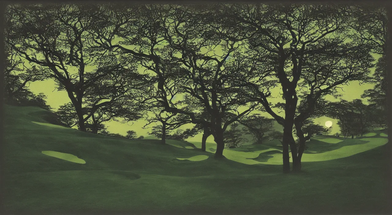 Image similar to eerie moonlight, stone walls, birds eye view of a perfect infinite elysian dreamlike green hilly pastoral astral psychedelic golf course landscape with cherished trees, stone walls under cosmic stars, cherished trees, memory trapped in eternal time, golden hour, dark sky, evening starlight, haunted vintage psychedelic painted polaroid by hiroshi yoshida
