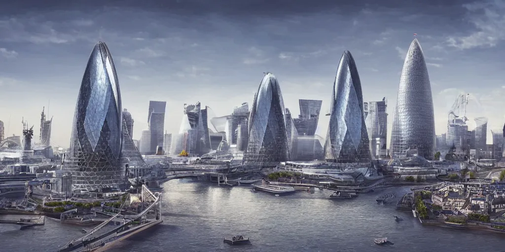 Prompt: Futuristic London in a sci-fi style, the Gherkin, millenium wheel, The Thames, hyper realistic, very detailed, 8K,