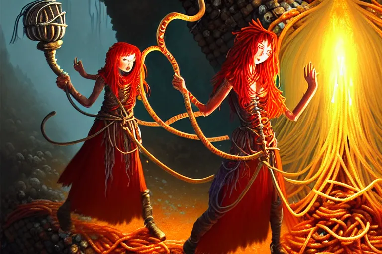 Prompt: A proud spaghetti-woman sauce-mage protagonist with silver boiling clothing and a belt of spices is exploring the grimdark dungeon depths. trending on Pixiv. trending on ArtStation. A vibrant digital oil painting. A highly detailed fantasy character illustration by Wayne Reynolds and Kev Walker and Gustave Dore and Carl Critchlow and Bram Sels