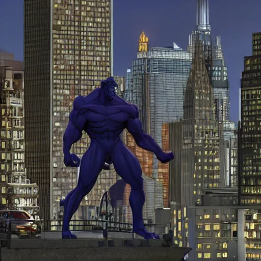 Image similar to a still from the live action film based on the 9 0 s series gargoyles, featuring the hero goliath, posed on top of a building at night, urban, full moon, skyline, new york city, highly detailed, live action cg render