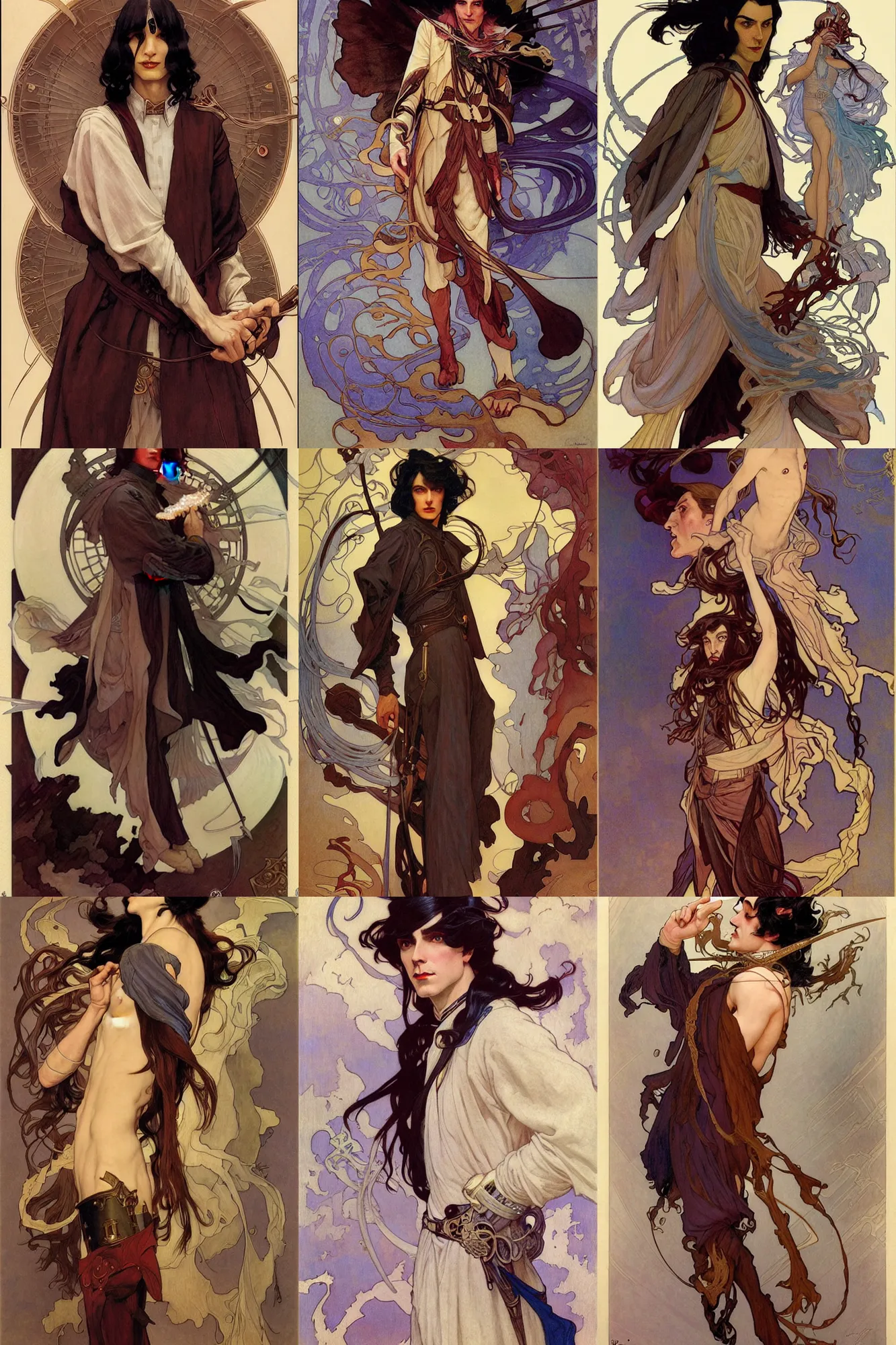 Prompt: thin male mage with long dark hair, 1 9 2 0 s fashion, fantasy, art by joseph leyendecker, peter mohrbacher, ruan jia, finnian macmanus, marc simonetti, ayami kojima, vasnetsov, cedric peyravernay, alphonse mucha