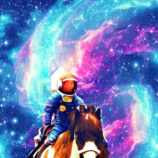 Prompt: astronaut riding a horse in space, colorful nebula in the background, digital painting,