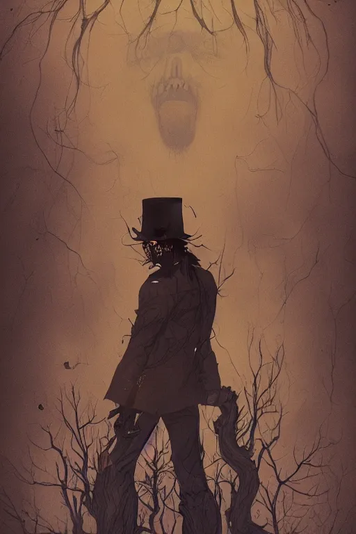 Image similar to the man in the yellow hat in sleepy hollow, full body, big two toned eyes, teeth gritted, horror, intricate details, cinematic, epic, realistic, anatomy, tomer hanuka, uplight, artstation, photorealistic, scary