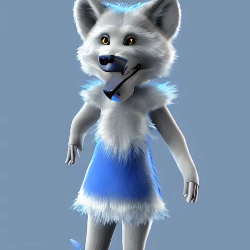 Image similar to 3 d render, well toned, large and tall, female, anthropomorphic wolf with a short snout, furless, blue scales with white spots, icey blue dress, blue scales covering her chest.