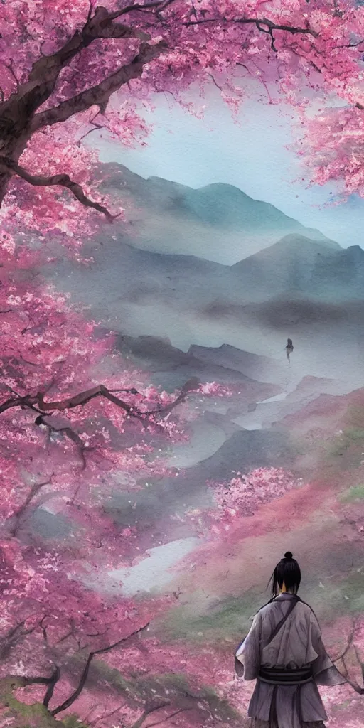 Image similar to A lone samurai watching over a valley of cherry blossom trees, water color painting, concept art, HD