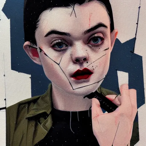 Prompt: Elle Fanning as The Punisher picture by Sachin Teng, asymmetrical, dark vibes, Realistic Painting , Organic painting, Matte Painting, geometric shapes, hard edges, graffiti, street art:2 by Sachin Teng:4