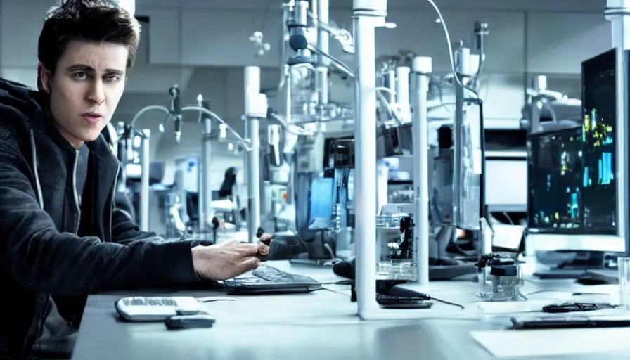 Image similar to big budget action movie about an evil hacker using a computer in a science lab