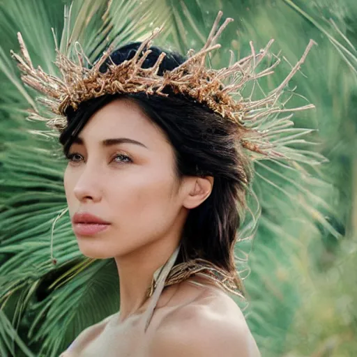 Prompt: A analog head and shoulder frontal portrait photography of Nadya Hutagalung wearing an intricate twig crown by Annie Leibovitz. Long hair. eyes closed. soft gradient pastel color background. Backlit. Kodak Color Plus 200 film. Tropical mood. detailed. hq. realistic. warm light. muted colors. lens flare. photoreal. Leica M9.