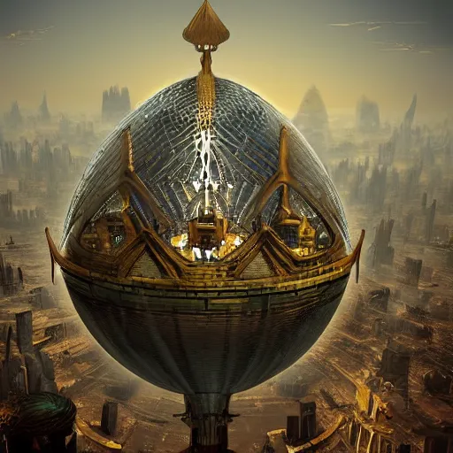 Image similar to enormous flying city in a faberge egg, sky, steampunk, fantasy art, masterpiece, unreal engine, hugh ferriss