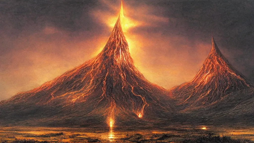 Image similar to morder, flaming eye of sauron in the dark clouds above. by alan lee, intricate, lord of the rings calendar, smooth, detailed terrain, oil painting, trending artstation, concept art, matte painting