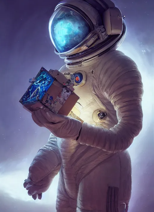 Image similar to portrait of an astronaut in a space suit holding a magical box, d & d, heartstone, digital painting, volumetric light, intricate, sharp, focus, bloom, illustration, highly detailed, concept art, matte, ruan jia, randy vargas, greg rutkowski