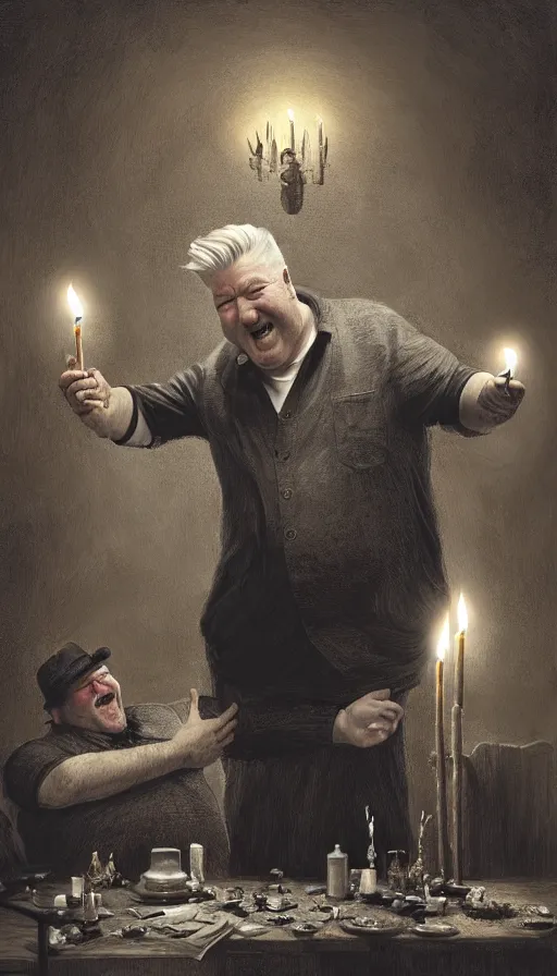 Prompt: david lynch as fat drunk tavern owner, laughing, candles, fame of thrones, warhammer, fibonacci, sweat drops, intricate fashion clothing, insane, intricate, highly detailed, surrealistic, digital painting, artstation, concept art, smooth, sharp focus, illustration, unreal engine 5, 8 k, art by artgerm and greg rutkowski and alphonse mucha