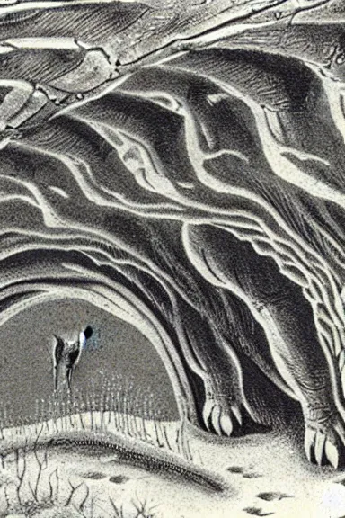 Prompt: A vintage scientific illustration from the 1970s of fawns forming caves with their bodies