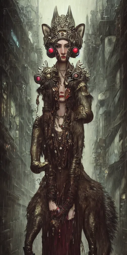 Prompt: hyper realistic Princess Mononoke, ornate mask, wet market street, rainy cyberpunk metropolis, full body pose, wolves, style of tom bagshaw, mucha, james gurney, norman rockwell, denoised, sharp