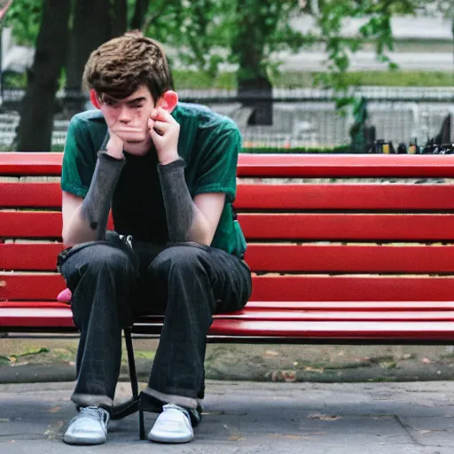 Prompt: photo of sad teenage andrew garfield sitting on a bench in a park, two crutches near bench, wearing shirt and trousers, street of moscow, shallow depth of field, cinematic, 8 0 mm, f 1. 8
