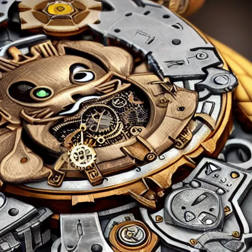 Prompt: A steampunk Pikachu made from ornate engraved full plate armor and watch gears and several jewels, macro shot by Justin Gerard, unreal engine, detailed, intricate, physically based rendering