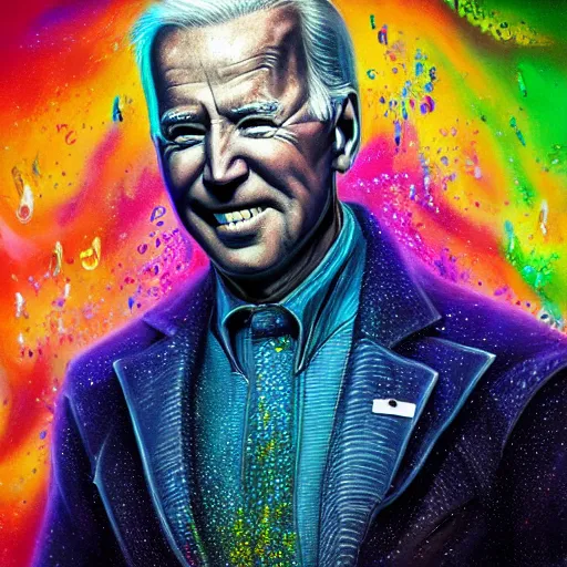 Prompt: ultra detailed illustration of Joe Biden covered in a sea of iridescent liquid by nekro, Karol Bak, colorful, vivid colors, 8k, coherent, anime vibes, uplifting, magical composition, artstation, synthwave, 8k, coherent, artgerm, uplifting, unreal engine, magical composition, artstation