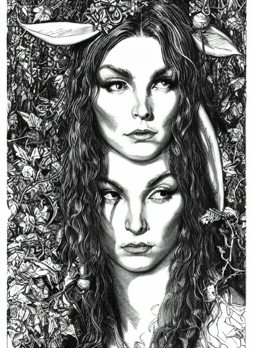 Image similar to portrait of wanda woodward as a forest elf, D&D, fantasy pen and ink by virgil finlay, trending on artstation, HD, intricate, masterpiece, concept art, character design