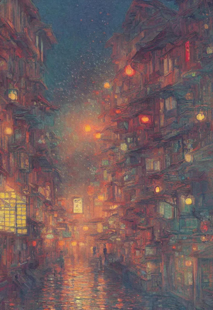 Image similar to a beautiful japanese city near the sea, amazing ryokans and gorgeous edo era houses, cyberpunk, lofi vibe, colorful, vivide colors, oil painting in impressionist style, by jeremy lipkin, by claude monet, by makoto shinkai, multiple brush strokes, inspired by ghibli, masterpiece, beautiful