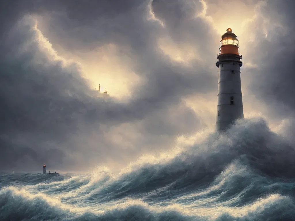 Image similar to A highly detailed matte oil painting of a lighthouse in a storm, crashing waves, hyperrealistic, cinematic, breathtaking, beautiful composition, Studio Ghibli, Artgerm, Dan Mumford, rossdraws, James Jean, beeple, volumetric lighting, octane render, 4K resolution, trending on artstation