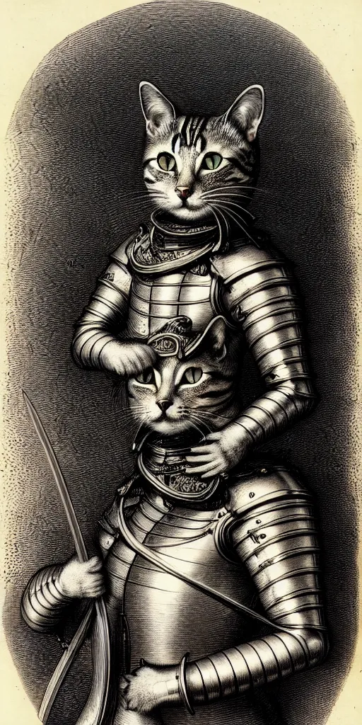 Image similar to engraving portrait of humanoid cat in medieval armoury by gustave dore. trending on deviant art, street art, chillwave, maximalist, full of color, glittering, 8 k, hd