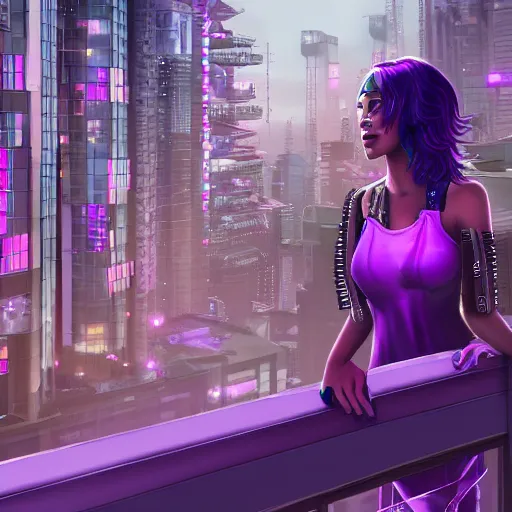 Prompt: Purple haired lady looking from a balcony at the skyline of a cyberpunk city, nighttime, hyperdetailed, artstation, cgsociety, 8k