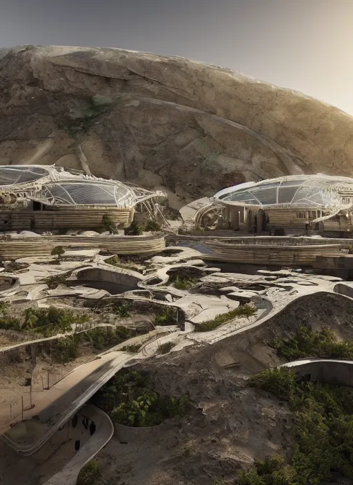 Image similar to bioremediation white mining tailing futuristic horizontal architecture in chuquicamata, epic, cinematic, hyperealistic, high detailed, corona render, hdr, ray tracing