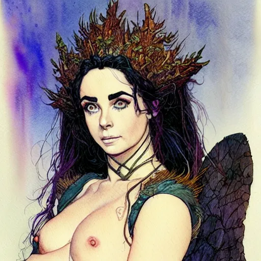 Image similar to a realistic and atmospheric watercolour fantasy character concept art portrait of young elizabeth taylor aged 2 1 as a druidic warrior wizard looking at the camera with an intelligent gaze by rebecca guay, michael kaluta, charles vess and jean moebius giraud