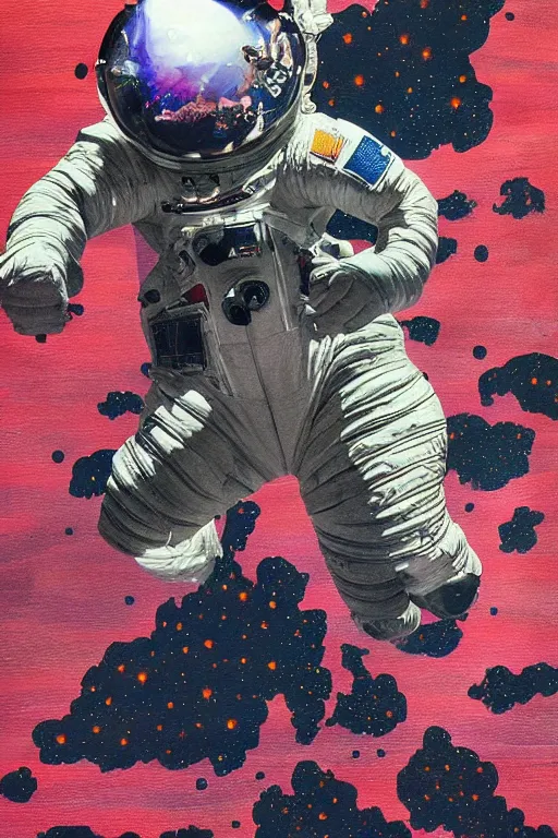 Prompt: a beautiful glitched painting by akiya kageichi of a cosmonaut in space suit falling into a dark abyss