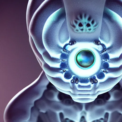 Image similar to a fractal alien humanoid with ten eyeballs, translucent skin, octane render, 4 k, 3 d, ultra realistic