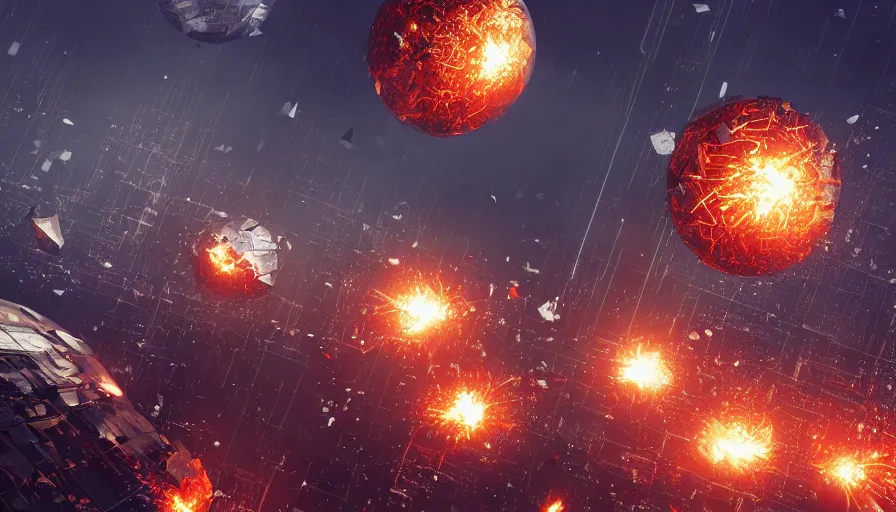 Prompt: metallic spheres falling from the sky and destroying chicago, explosion, destruction, fire, hyperdetailed, artstation, cgsociety, 8 k