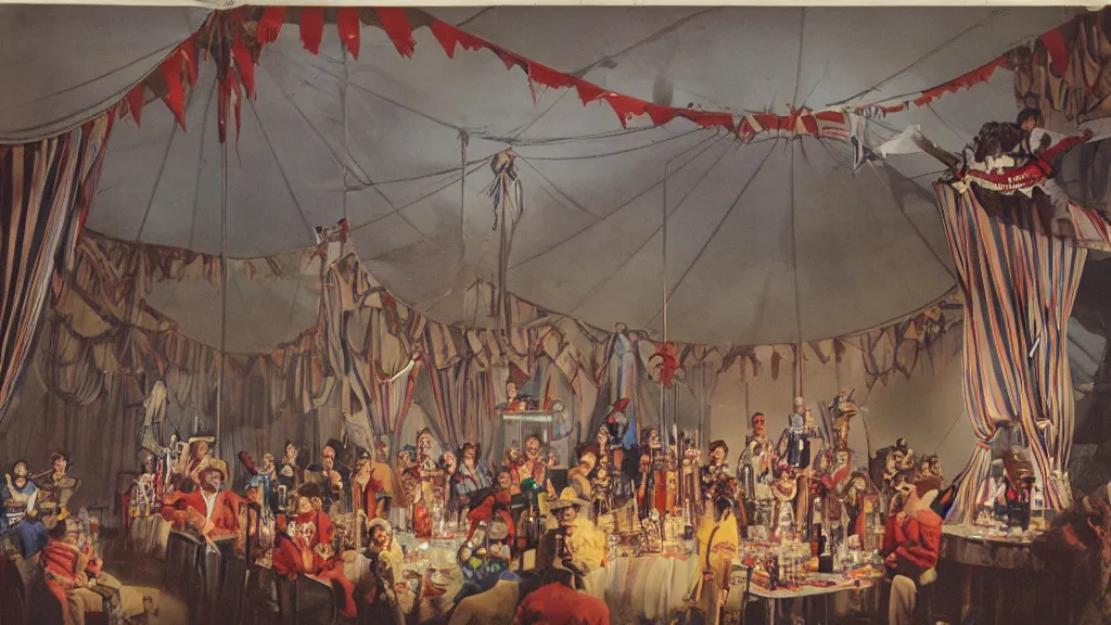 Prompt: of a gang of circus clowns, drinking alcohol, inside a circus tent, matte painting