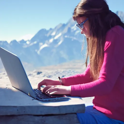 Prompt: smart female junior developer working with laptop outside in the mountains in summer, alps, 4k, digital art, highly detailed, artstation, 8k, ultrafine detail