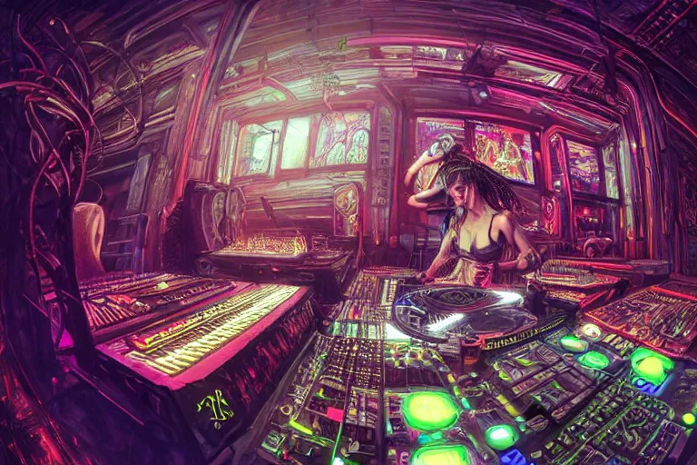 Image similar to a fisheye lens photo of a post apocalyptic tribal neon cyborg dj tweaking and playing synthesizers in the most complicated and technical spiral fractal musical studio, powerful, cinematic, beautifully lit, by donato giancola, by artgerm, by karol bak, 3 d, perfect face and body, trending on artstation, octane render, 8 k