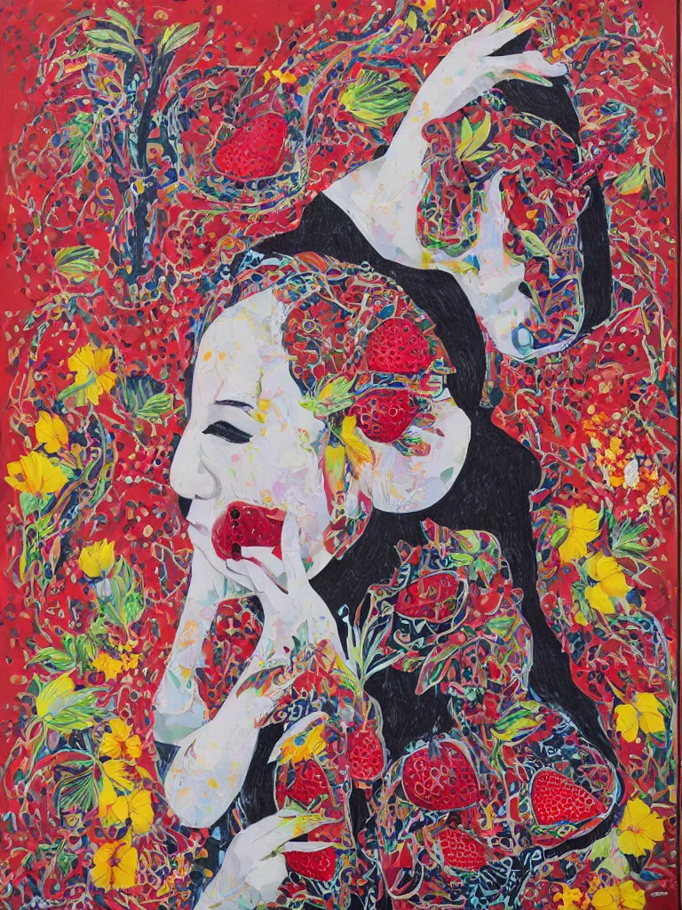 Image similar to “art in an Australian artist’s apartment, portrait of a woman wearing white cotton cloth, eating luscious fresh raspberries and strawberries and blueberries, edible flowers, black background, aboriginal and Japanese style, Dreamtime, Eora, Gadigal, intricate, bold colour, acrylic and spray paint and wax and oilstick on canvas”