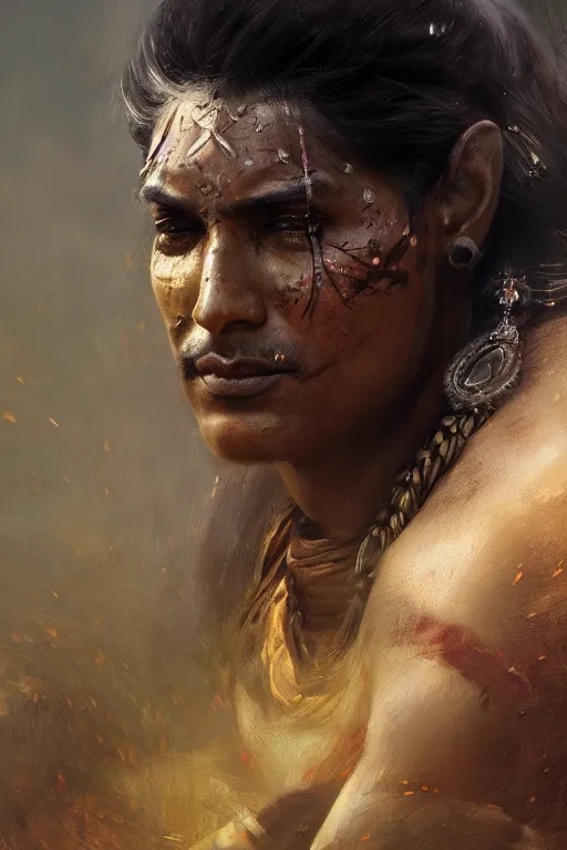 Image similar to indian warrior, close - up portrait, fierce, intricate, elegant, volumetric lighting, scenery, digital painting, highly detailed, artstation, sharp focus, illustration, concept art, ruan jia, steve mccurry