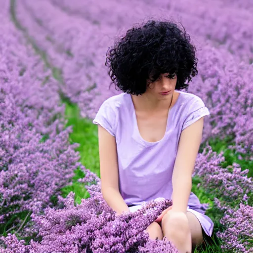 Prompt: portrait of cute girl with short curly black hair sitting in a field of lilac flowers, minimalist painting of a modern girl, the grass is desaturated