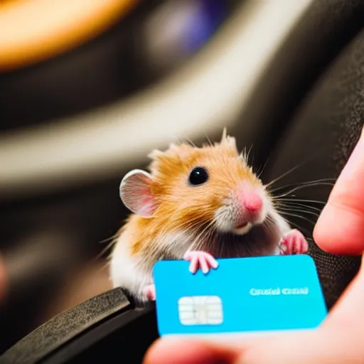 Image similar to photo of a hamster holding a credit card, on a contactless payment terminal, in a cinema, various poses, unedited, soft light, sharp focus, 8 k