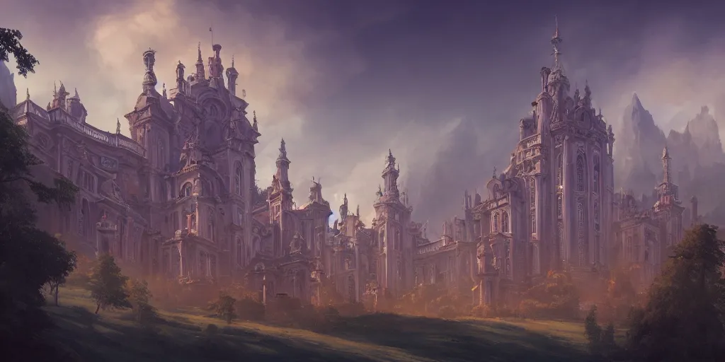 Image similar to a rococo palace in a valley, with a gigantic futuristic church and towers, fortress, morning, andreas rocha, artstation, matte painting