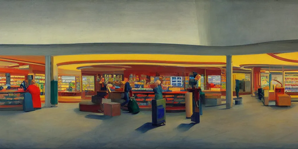 Image similar to a beautiful painting of a store inside of a futuristic airport by Edward Hopper, 8k, 4k