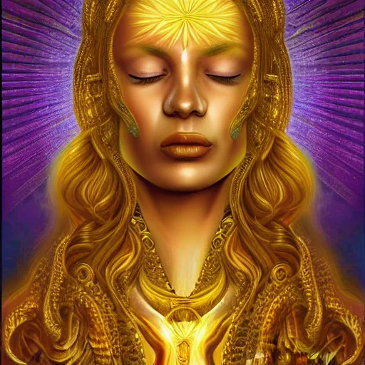 Image similar to cinematic realistic photo of golden godess portrait in the style of Alex grey