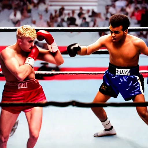 Image similar to jake paul vs mohammed ali, brutal boxing match, sports photography, sweat flying, hd high detail, professional photo