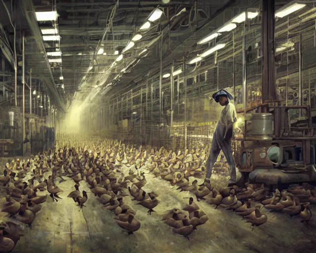 Image similar to A mixed media painting of a duck worker in a factory with little humans on the production line, by Frank Frazetta, Greg Rutkowski, Beeple, post-processing, low angle, masterpiece, cinematic, isometric, volumetric lighting